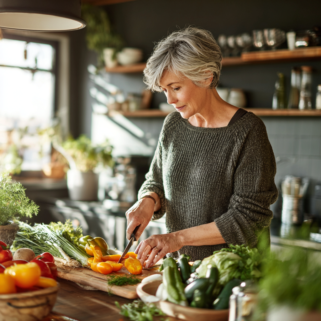 middle-aged woman preparing fresh vegetables in modern kitchen with natural lighting