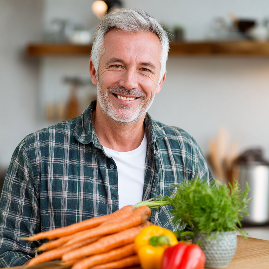 smiling mature man with vegetables in bright kitchen setting